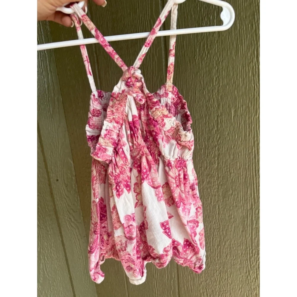 Old Navy Girls 4T Camisole Tank Pink White‎ Floral Smocked Ruffle Hem
